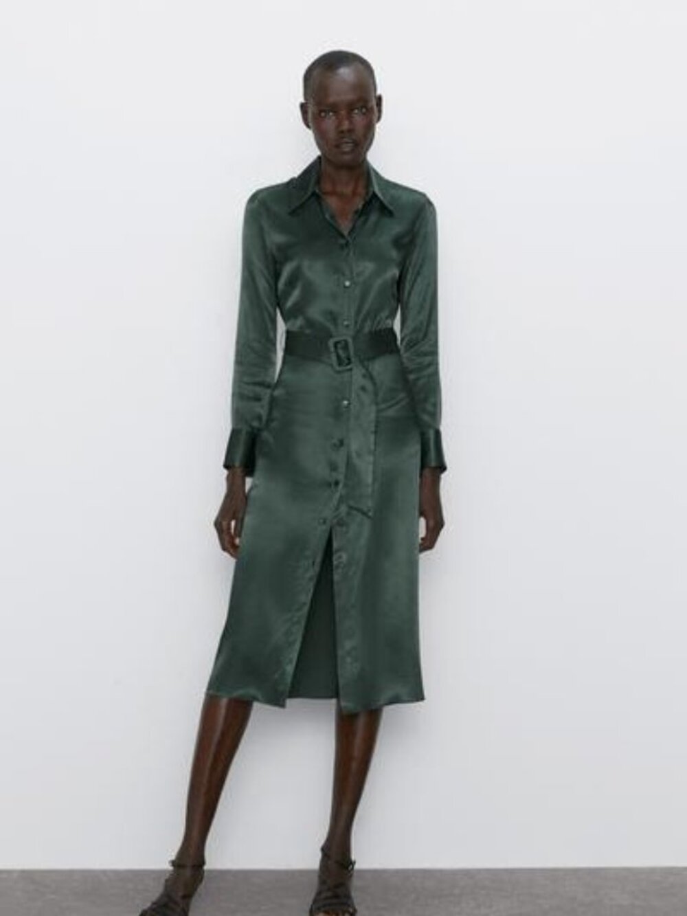Zara Green Satin Effect Belted Midi Shirt Dress